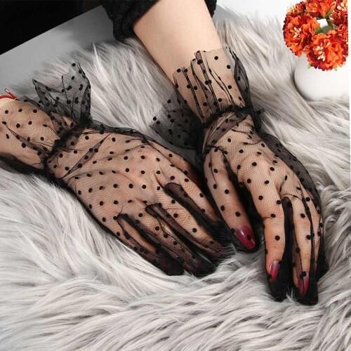1 Pair Grace Autumn Summer Women Short Tulle Gloves Stretchy Lace Spots Lotus Leaf Sheers Flexible Accessories Full Finger