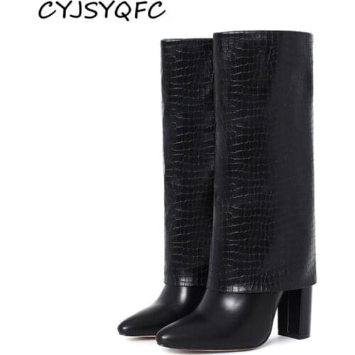 CYJSYQFC Autumn Winter Split Leather Women Mid Calf Boots Brand Design Pointed Toe Square Heels Ladies Long Boots High Quality