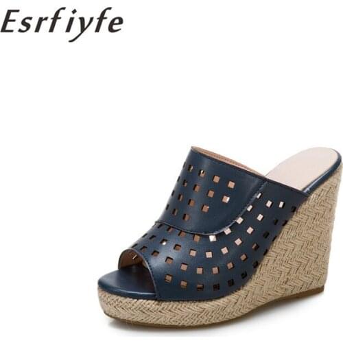 ESRFIYFE 2021 New Summer Peep Toe Platform Wedge Slippers Shoes Women Fashion High Heel Weaving Heel Hollow Out Female Shoes
