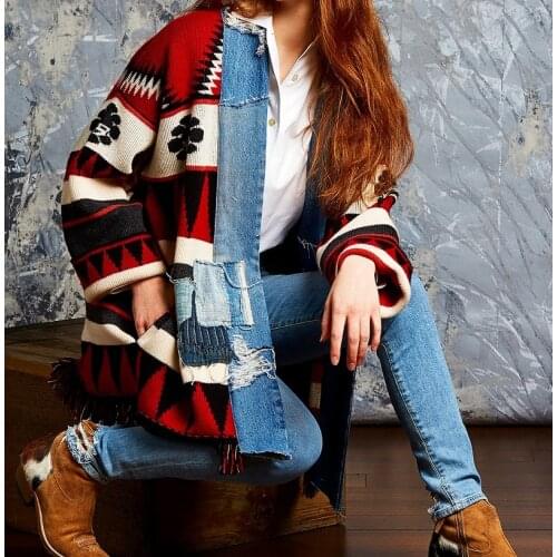 2021 Spring High Quality Women Luxury Unisex Knitted Patchwork Denim Loose Cardigan Female Casual Jacket Coat Overcoat