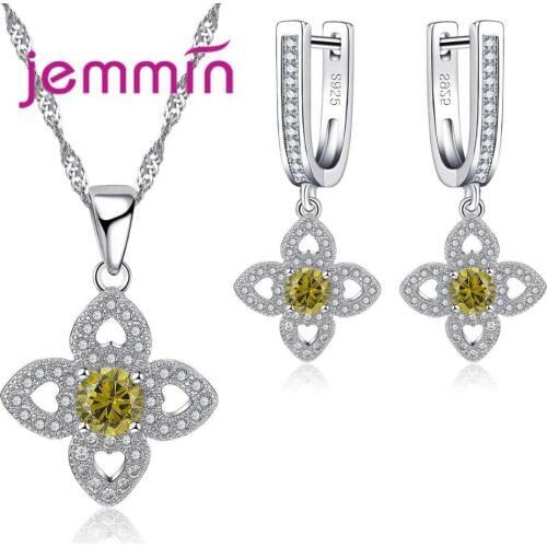 Women Female Delicate Yellow/White Crystal Jewelry Sets 925 Sterling Silver Wedding Party Engagement Flower Jewelry Set