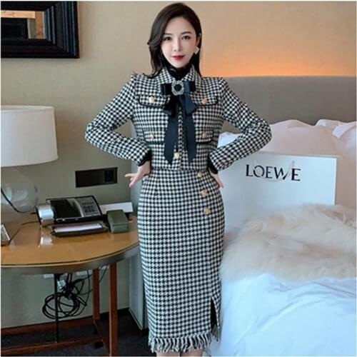 2020 Autumn Womens Two piece Outfits Single-breasted Big Bowknot Tweed Short Jacket + Mini Skirt 2 Piece sets