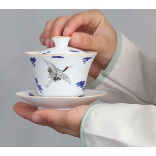 110ml Blue and White Porcelain Gaiwan Chinese Ceramic Tea Bowl Kung Fu Tea Set Teacup Teapot Tea Tureen Drinkware Crane Decor