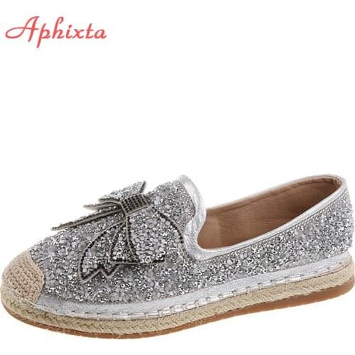 Aphixta Plus Size 43 Bling Sequined Butterfly-knot Flats Women Shoes Fashion Bow Crystals Leather Flat Heel CaneTou Shoes