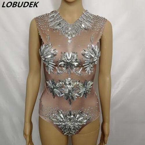 Glisten Glass Rhinestones Bodysuit Sexy Sleeveless Crystals Rompers Female Dancer Nightclub Bar Luxury Stage Wear Dance Costume