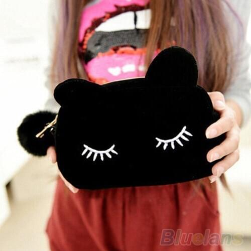 Black Pencil Case Pen Box School Stationery Cosmetic Makeup Velour Pouch Zipper Bag Cartoon Cat Multifunction Purse Travel Case