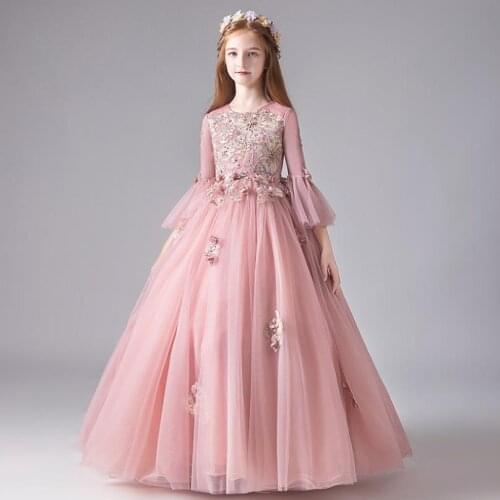 Children Embroidery Mesh Stitching Beautiful Evening Gown Kids Catwalk Birthday Party Wedding Princess Dress For Girls L877