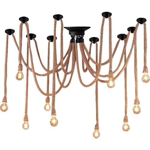 DIY 6/8/10 Lights Industry Spider Pendant Lamp Office Clothing Store Cafe Shop Restaurant Bar Vintage Iron Hemp Rope Chandelier