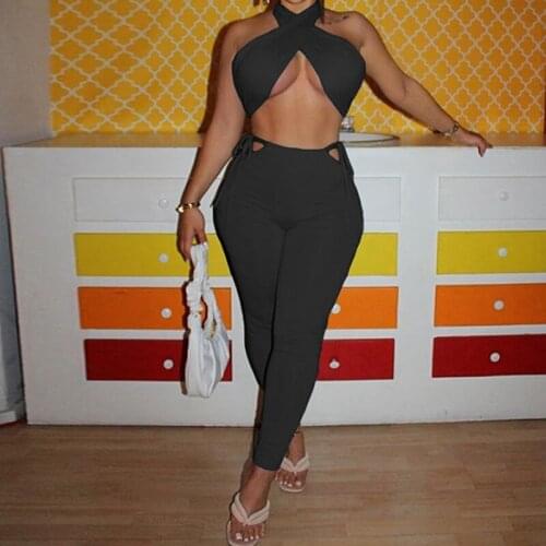 DSMTRC Bandage Criss Cross Solid Matching Set Women 2021 Backless Club Crop Top And Pants Two Piece Sets Ruched Sexy Hot Outfits