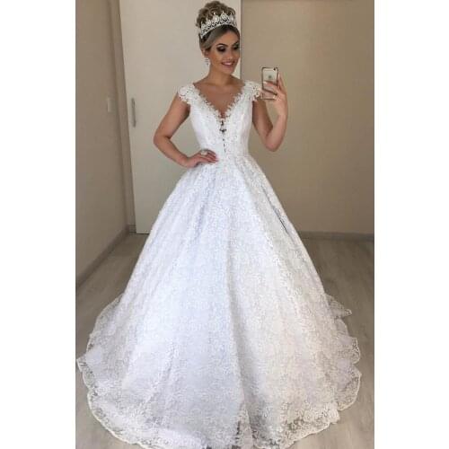 Elegant Cap Sleeve Backless Bridal Gowns V Neck Lace Beads Ball Gown Weddding Dresses Plus Size robes de soiree
