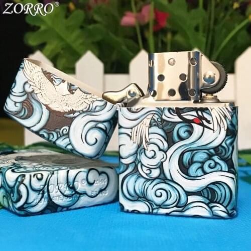 Zorro Kerosene Lighter Pure Copper Color Printing Crane Design Personalized Creative Gift Brass Gasoline Lighter