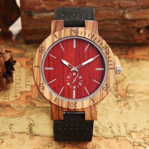 Red Wooden Watch Men Small Seconds Display Mens Luminous Pointers Clock Male Black Leather Simple Quartz Wood Wristwatch reloj