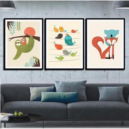 Fox Gibbon Bird Cartoon Nordic Simple Canvas Paintings Modern Living Room Wall Decor Posters Printing Creative Pictures Art