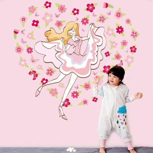 Cartoon Sweet Beautiful Dancing Girl Flowers Wall Sticker for Kids Room Decor Stick on the Wall Can Remove PVC Vinyl Decals