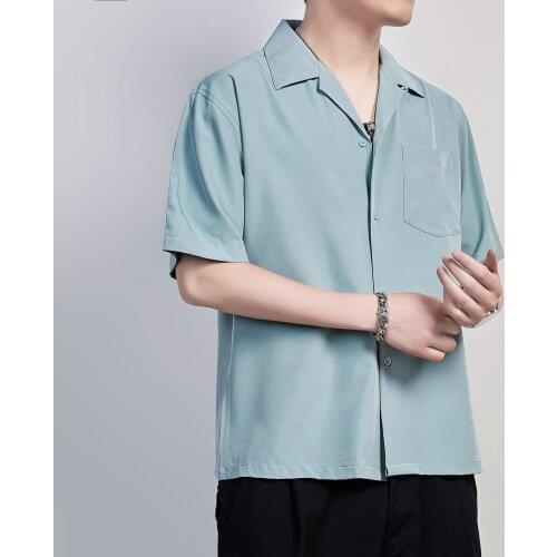 Mens Casual Shirt Solid Color Cuban Collar Chemise Homme Male Casual Short Sleeved Shirts for Men Korean Clothes Streetwear