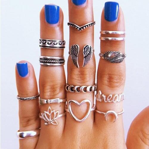 15 Pcs/Set Women Rings Set Retro Moon Lotus Peach Heart Elephant Leaf Wave Geometric Silver Color Ring Boho Beach Jewelry