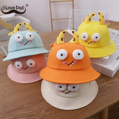 Spring summer baby girl boy cartoon horns baby hat bucket hat big eyes cute toddler fisherman hat kids sun hat