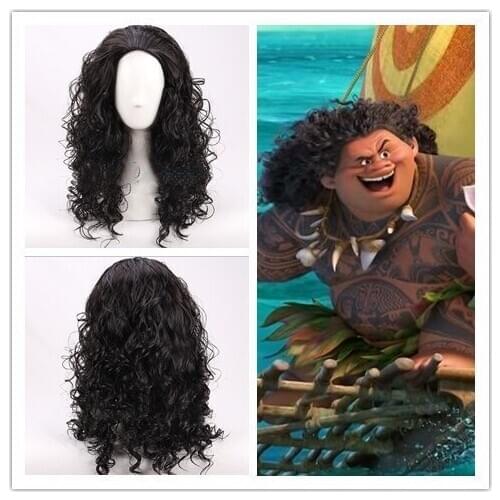 Movie Moana Prince Maui Cosplay Wig Black Fluffy Curly Heat Resistant Synthetic Hair Wigs + Wig Cap