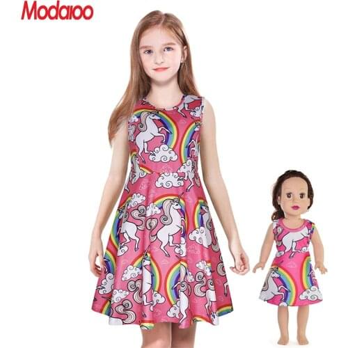 Matching Dolls & Girls Dress,A-Line Skater Twirly Sparkly Casual Sleeveless Dressses for Kids,Print Stretchy 18" Doll Clothes
