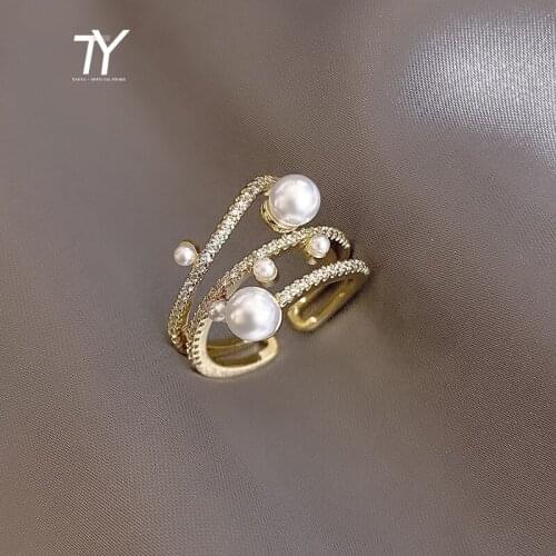 Luxurious and Exquisite Three-Layer Pearl Gold Adjustable Ring For Woman Gothic Jewelry Korean Fashion Girls Unusual Accessories