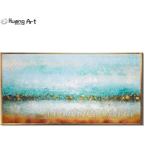 Hand-painted Baby Blue and Gold Color Landscape Oil Painting on Canvas for Living Room Decor Texture Abstract Wall Painting