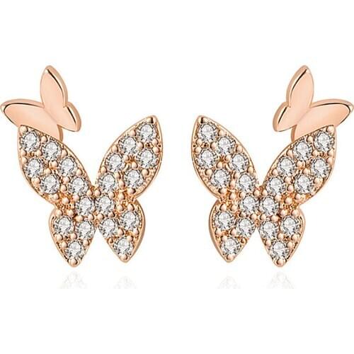 Delicate rose gold tone butterfly zircon diamonds gemstones stud earrings for women fashion jewelry brincos bijoux party gifts