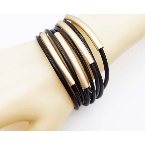 TOTABC Fashion Punk Pattern Leather Bracelets for Women Trendy Metal Pipe Wide Multilayer Wrap Bracelet Female Femme Jewelry
