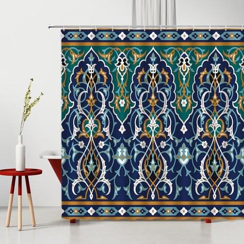 Flower Shower Curtain Exotic Floral Geometric Pattern Washable Fabric Ethnic-Style ​Bathroom Cloth Curtains Home Decor Supplies