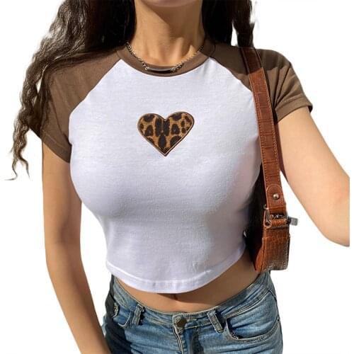 Womens Cute Raglan Crop Tops Short Sleeve Crewneck Heart Shaped Leopard Print Slim Fit T-Shirt
