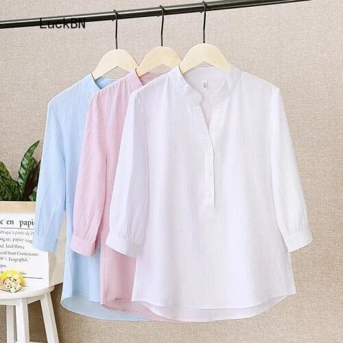 95% Cotton Shirt 2021 Summer Korean Stand-up Collar Button Blouse Three-quarter Sleeve Top Women Loose Profession White Shirts