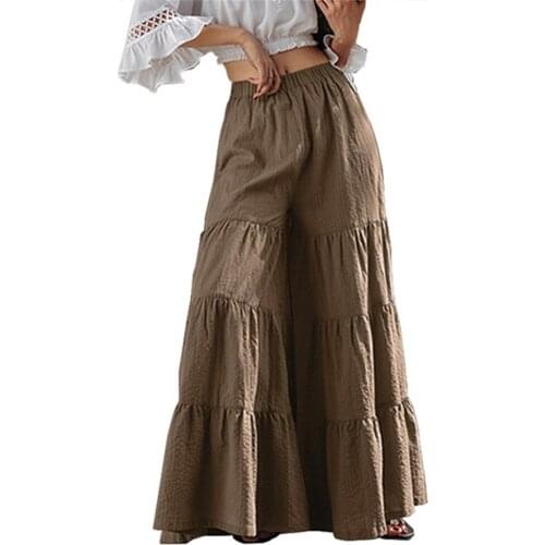Women Long Skirts Casual Ruffles Vintage Maxi Skirt Cotton Linen A-Line Skirts Pants Jupe Femme Streetwear Wide Leg Trousers