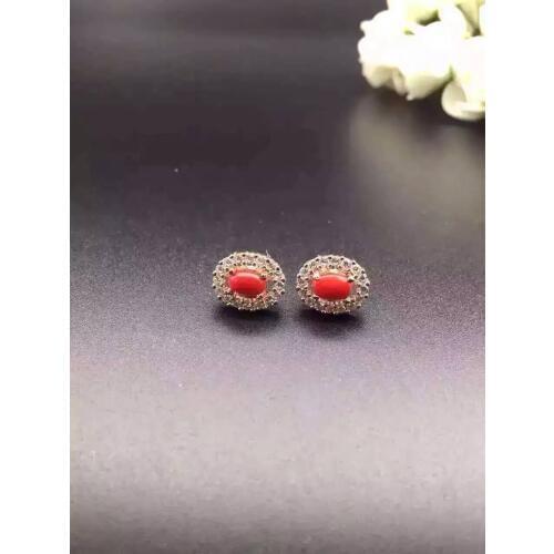 Natural red coral stud earrings s925 silver natural gemstone stone earrings round for women party fine round Earrings jewelry