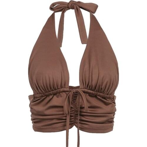 Women Summer Sexy Halter Backless Crop Top Deep V-Neck Ruched Slim Camis Vest Lace-Up Drawstring Harajuku Sleeveless Shirts