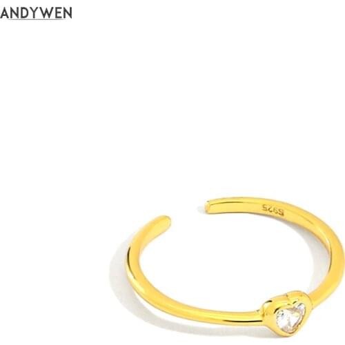 ANDYWEN New 100% 925 Sterling Silver 2020 Gold Slim One Zircon Heart Resizable Rings Women Fashion Crystal CZ Fashion Jewelry