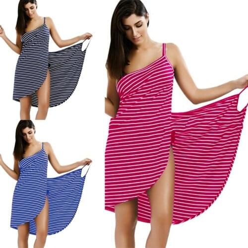 Y1UC Women Summer Wearable Bath Towel Striped Print Spaghetti Strap Wrap Front Beach Dress Sling Bathrobe Blanket Quick Dry Up