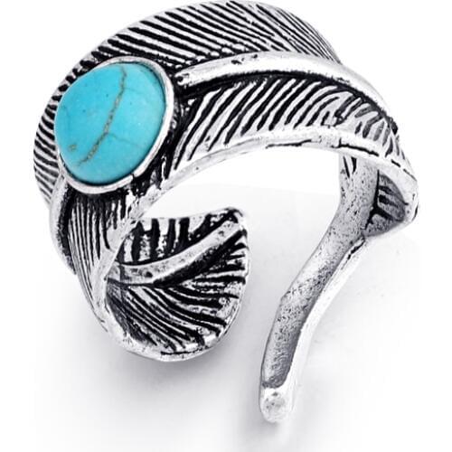 1PC European Punk Green Stone Feather Open Ring For Women Vintage Metal Color Leaves Finger Ring Jewelry Anillo R65-2