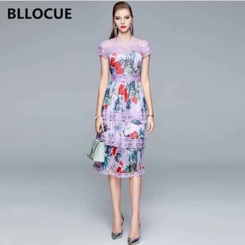 BLLOCUE Fashion Designer Beaded Floral Print Runway Midi Dress 2020 Summer Women Elegant Mesh Lace Splice Chiffon Dresses