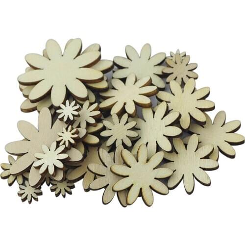 50 Mixed Flower Natural Wood Floral Embellishments Wooden Shabby Decor Craft