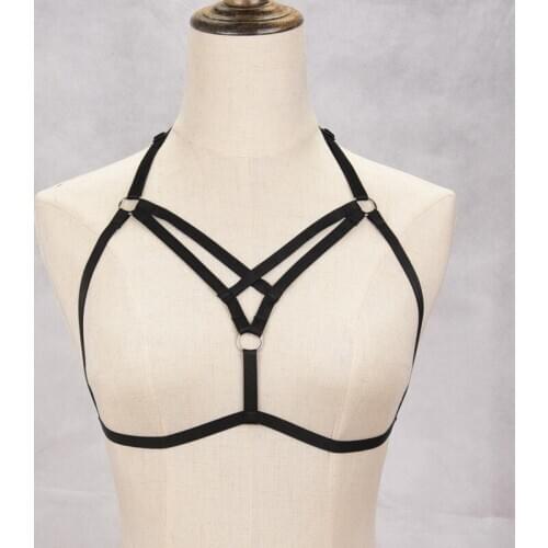 Black Elastic Caged Bra Chest Top Strappy Binding bra Harness Pastel Goth, Erotic Fetish Lingerie Top Cage Bra Dance party Dress