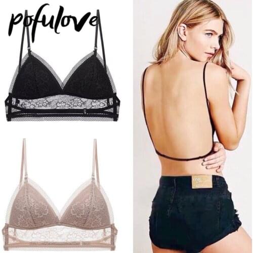 Sexy Lace Bra Backless Triangle Cup Push Up Bras Mesh Transparent Sheer Invisible Bralette Floral Wireless Underwear Brassiere