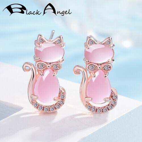 BLACK ANGEL Fashion Cute Cat Stud Earring Luxury Rose Quartz Pink Crystal Gemstone Earrings for Women CZ Jewelry Wedding Gift
