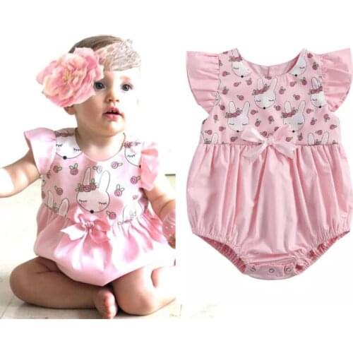 Baby girls romper hare rabbit print lovely cute infant new born bodysuit jumpsuit for summer bow sleeve cotton baby clothing