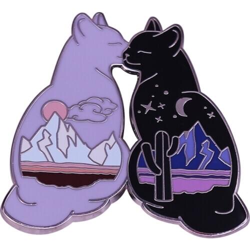Desert Black and White Cat Enamel Pin Day and Night Accessory