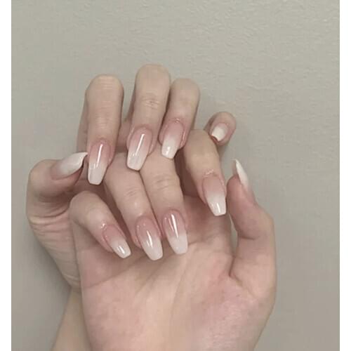 Ombre Gradient Pink Nude White French Ballerina Press on False Nails Extra Long Natural Coffin UV Gel Glue On Fake Fingers nails
