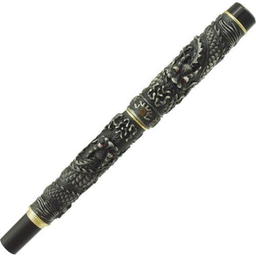 Jinhao Gray Vintage Luxurious Rollerball Pen Small Double Dragon Playing Pearl, Metal Carving Embossing Heavy Collection Pen