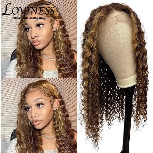Highlight Lace Front Human Hair Wig 4/27 Curly Brown Blonde Colored 13x1 T Part Lace Front Wigs Pre Plucked Water Wave Hair Wigs
