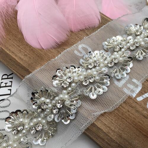 Peal beaded designer sequins trim for cloth accessories Beaded Lace Trim fabric applique patches sew on trim for clothing
