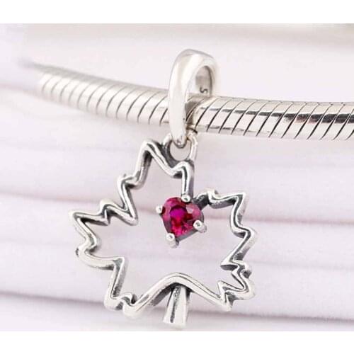 Red Heart Maple Dangle Charm fit Lady Bracelet Bangle Authentic S925 DIY Jewelry