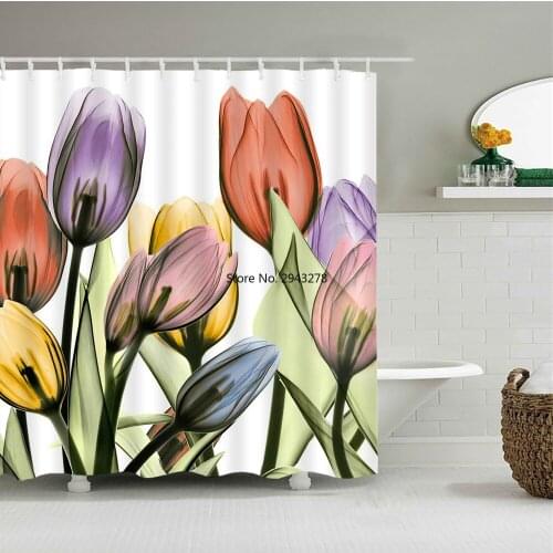 Flowers Tulip Pattern Shower Curtains Bathroom Curtain Waterproof Polyester Bath Curtain with 12 Hooks Shower Curtain