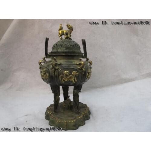 Tibet Buddhism Copper Bronze Gilt Foo Dog Lion beast Censer incense burner